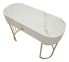 Console rectangulaire Montpellier Tissu matelassé Crème dessus faux marbre et structure métal doré