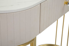Console rectangulaire Montpellier Tissu matelassé Crème dessus faux marbre et structure métal doré