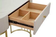 Console rectangulaire Montpellier Tissu matelassé Crème dessus faux marbre et structure métal doré