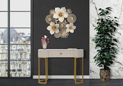 Console rectangulaire Montpellier Tissu matelassé Crème dessus faux marbre et structure métal doré