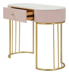 Console rectangulaire Montpellier Tissu matelassé Rose plateau imitation marbre structure métal doré