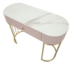 Console rectangulaire Montpellier Tissu matelassé Rose plateau imitation marbre structure métal doré