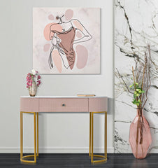Console rectangulaire Montpellier Tissu matelassé Rose plateau imitation marbre structure métal doré