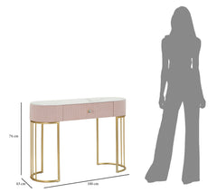 Console rectangulaire Montpellier Tissu matelassé Rose plateau imitation marbre structure métal doré