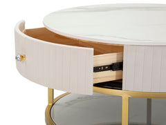 Table basse ronde Montpellier imitation marbre et Tissu crème structure métal doré
