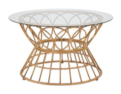 Table basse ronde Panama verre et métal avec finitions en rotin