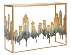 Console rectangulaire métal doré avec plateau en verre miroir