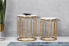 Table ronde en métal doré Tory Marbre Blanc