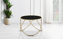 Table basse ronde en métal doré et verre noir