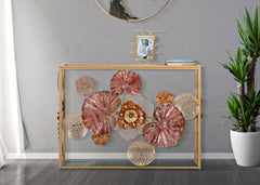 Console en métal doré avec plateau en verre miroir décorée de feuilles et fleurs colorées