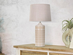Lampe de table céramique décorations géométriques abat-jour tissu blanc