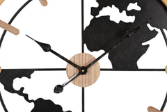 Horloge murale ronde Monde décorée en Métal Noir et bois naturel