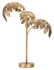 Lampe de table en métal doré 3 points lumineux base ronde feuilles exotiques
