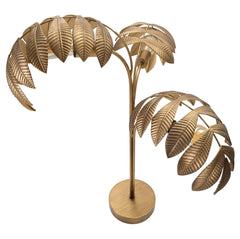 Lampe de table en métal doré 3 points lumineux base ronde feuilles exotiques