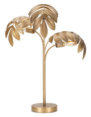 Lampe de table en métal doré 3 points lumineux base ronde feuilles exotiques