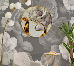Horloge murale ronde décorée d'une rose cadre doré