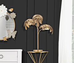 Lampe de table en métal doré 3 points lumineux base ronde feuilles exotiques
