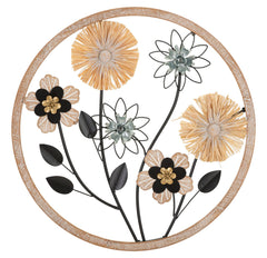 Panneau mural décoratif 3D en métal et bois fleurs dans cadre rond Bois Naturel et Métal Noir
