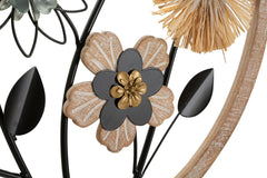 Panneau mural décoratif 3D en métal et bois fleurs dans cadre rond Bois Naturel et Métal Noir
