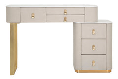 Bureau de toilette en tissu blanc plateau imitation marbre avec 6 tiroirs garnitures dorées