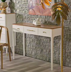 Console rectangulaire Matera Bois Blanc et plateau Marron, 3 tiroirs, poignées Dorées