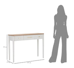 Console rectangulaire Matera Bois Blanc et plateau Marron, 3 tiroirs, poignées Dorées