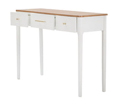 Console rectangulaire Matera Bois Blanc et plateau Marron, 3 tiroirs, poignées Dorées