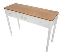 Console rectangulaire Matera Bois Blanc et plateau Marron, 3 tiroirs, poignées Dorées