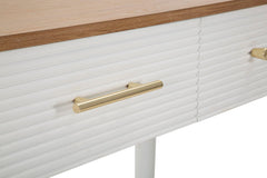 Console rectangulaire Matera Bois Blanc et plateau Marron, 3 tiroirs, poignées Dorées
