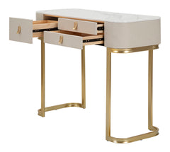Console 3 tiroirs Tissu Blanc dessus façon Marbre pieds dorés