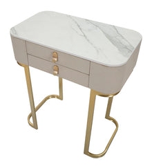 Console 2 tiroirs tissu Blanc dessus marbre pieds dorés