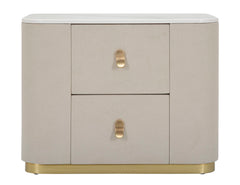Table de chevet Tissu Blanc imitation Marbre 2 tiroirs finitions Dorées