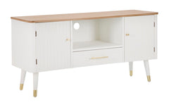 Meuble TV MATERA Bois Blanc avec Plateau Marron et Pieds Métal Doré