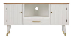 Meuble TV MATERA Bois Blanc avec Plateau Marron et Pieds Métal Doré