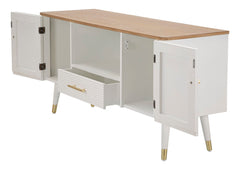 Meuble TV MATERA Bois Blanc avec Plateau Marron et Pieds Métal Doré