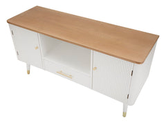 Meuble TV MATERA Bois Blanc avec Plateau Marron et Pieds Métal Doré