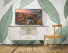 Meuble TV MATERA Bois Blanc avec Plateau Marron et Pieds Métal Doré