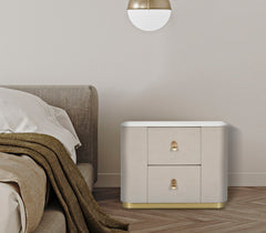Table de chevet Tissu Blanc imitation Marbre 2 tiroirs finitions Dorées
