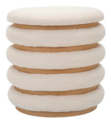 Pouf rond matelassé Bois et Tissu Beige