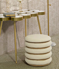 Pouf rond matelassé Bois et Tissu Beige