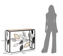 Console rectangulaire en métal noir et bois brun avec feuilles décoratives