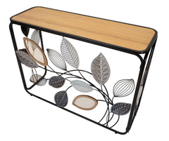 Console rectangulaire en métal noir et bois brun avec feuilles décoratives