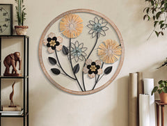 Panneau mural décoratif 3D en métal et bois fleurs dans cadre rond Bois Naturel et Métal Noir