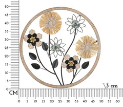 Panneau mural décoratif 3D en métal et bois fleurs dans cadre rond Bois Naturel et Métal Noir