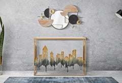 Console rectangulaire métal doré avec plateau en verre miroir