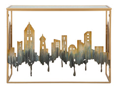 Console rectangulaire métal doré avec plateau en verre miroir