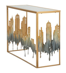 Console rectangulaire métal doré avec plateau en verre miroir