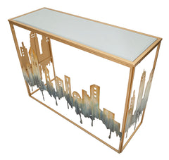 Console rectangulaire métal doré avec plateau en verre miroir
