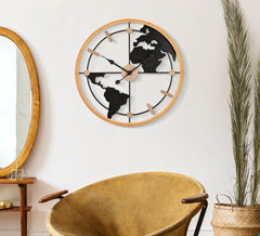 Horloge murale ronde Monde décorée en Métal Noir et bois naturel