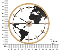 Horloge murale ronde Monde décorée en Métal Noir et bois naturel